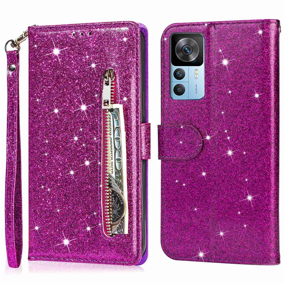 Xiaomi 12T 5G / 12T Pro 5G / Redmi K50 Ultra 5G Dragkedja Fickficka Glittrigt PU-läder Stötsäkert Fodral Magnetiskt Spänne Flip mobil Plånbok Stativfodral