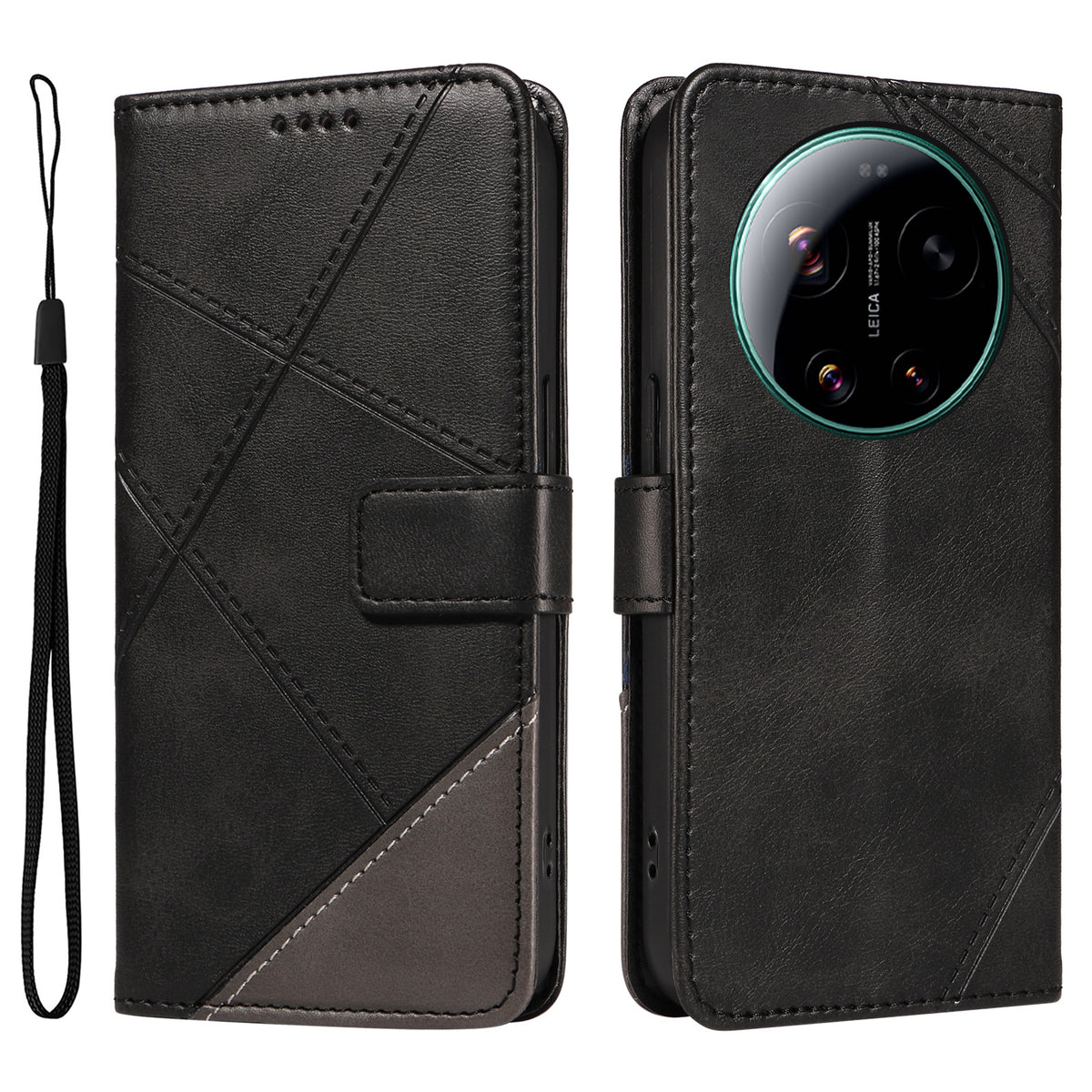 For Xiaomi 17 Ultra 5G Leather Case Geometric Line Design Wallet Phone Cover with Wrist Strap