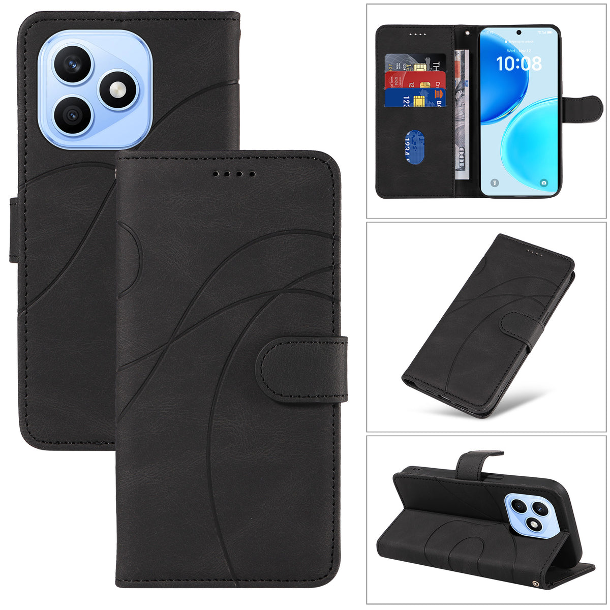 For Honor X8d 4G Wallet Case Leather Phone Cover Stand with Curved Line Design