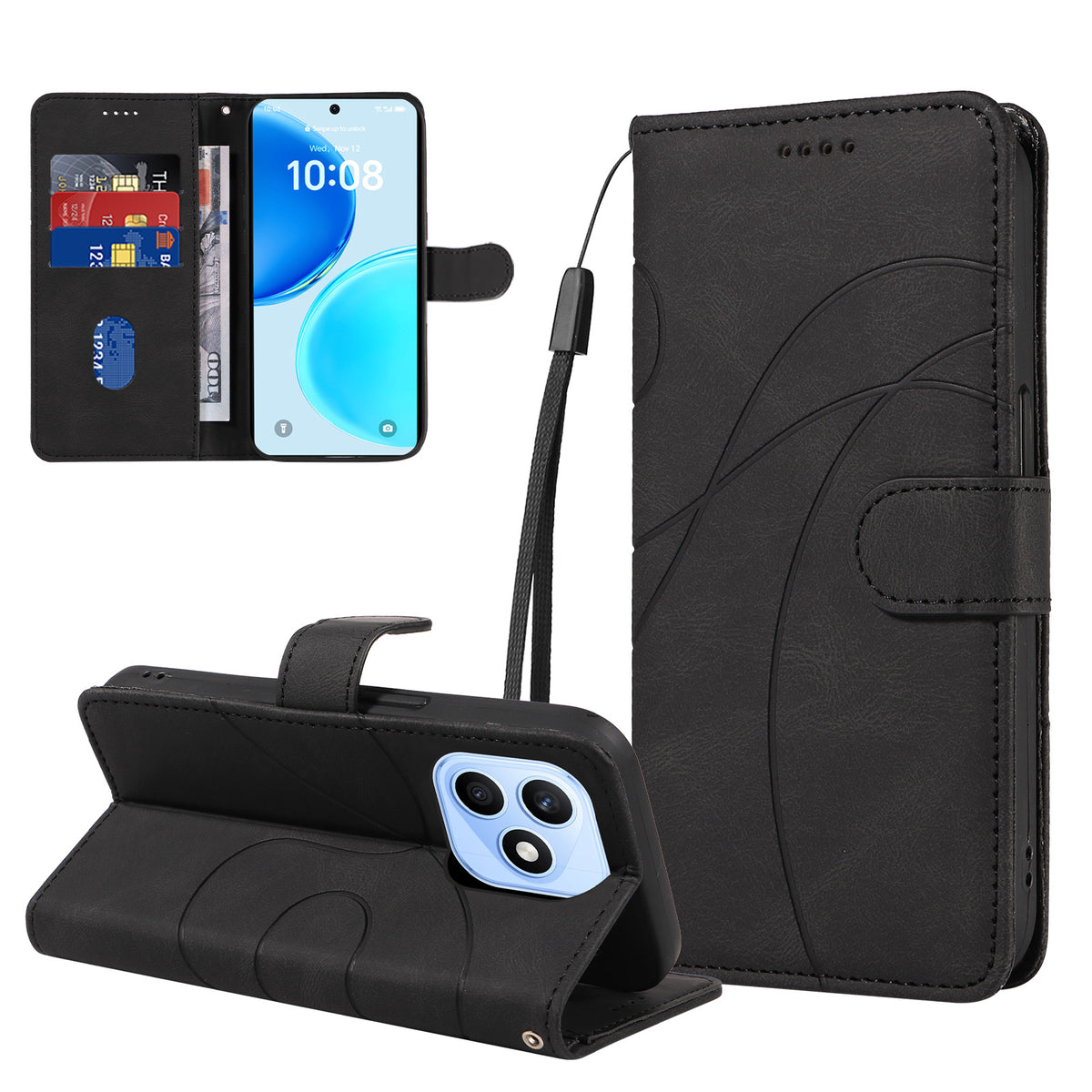 For Honor X8d 4G Wallet Case Leather Phone Cover Stand with Curved Line Design