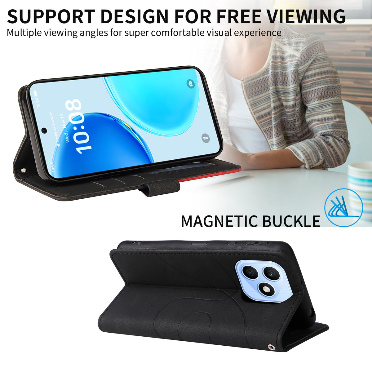 Til Honor X8d 4G Læder Telefoncover Stativ Pung med Tofarvet Splejse-design