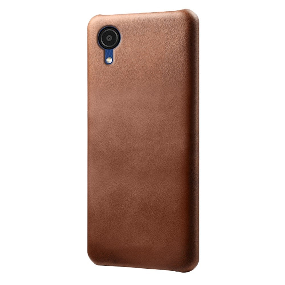 For Samsung Galaxy A23e Calf Textured PU Leather Coated PC Protective Cover Shockproof Phone Back Case
