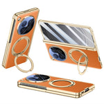 For Oppo Find N6 5G Magnetic Case with Tempered Glass 360° Rotatable Metal Ring Kickstand PU Leather + PC + Acrylic Cover