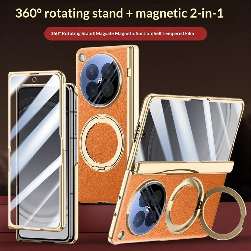 Oppo Find N6 5G Magnetiskt Skal med Härdat Glas 360° Roterbar Metallring Stativ PU-Läder + PC + Akryl Skal