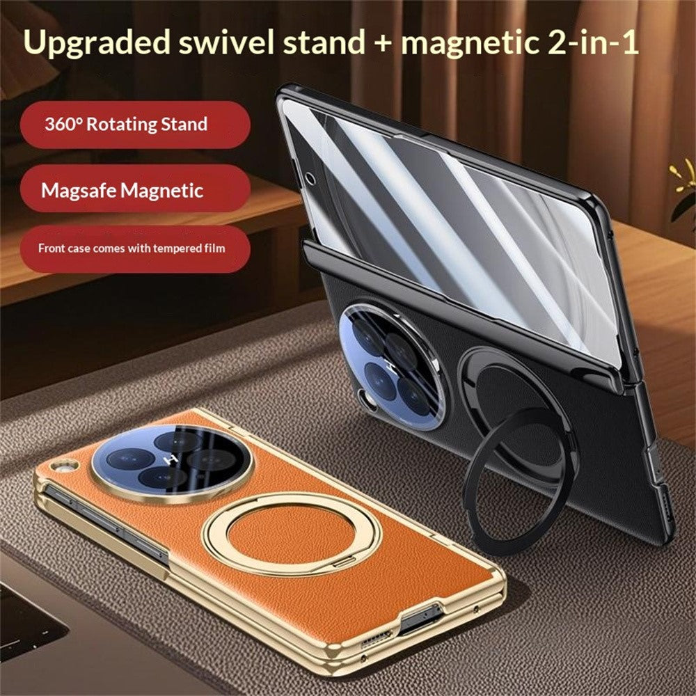 Oppo Find N6 5G Magnetiskt Skal med Härdat Glas 360° Roterbar Metallring Stativ PU-Läder + PC + Akryl Skal