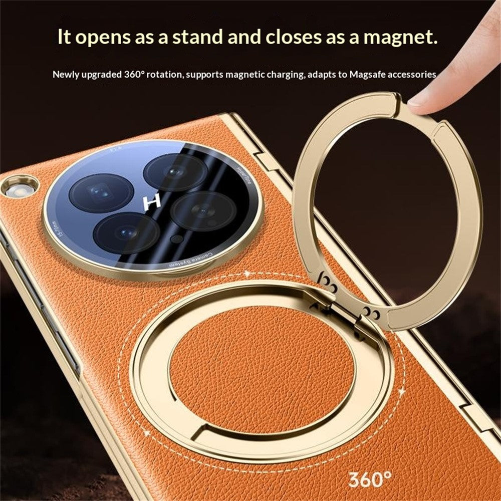 For Oppo Find N6 5G Magnetic Case with Tempered Glass 360° Rotatable Metal Ring Kickstand PU Leather + PC + Acrylic Cover