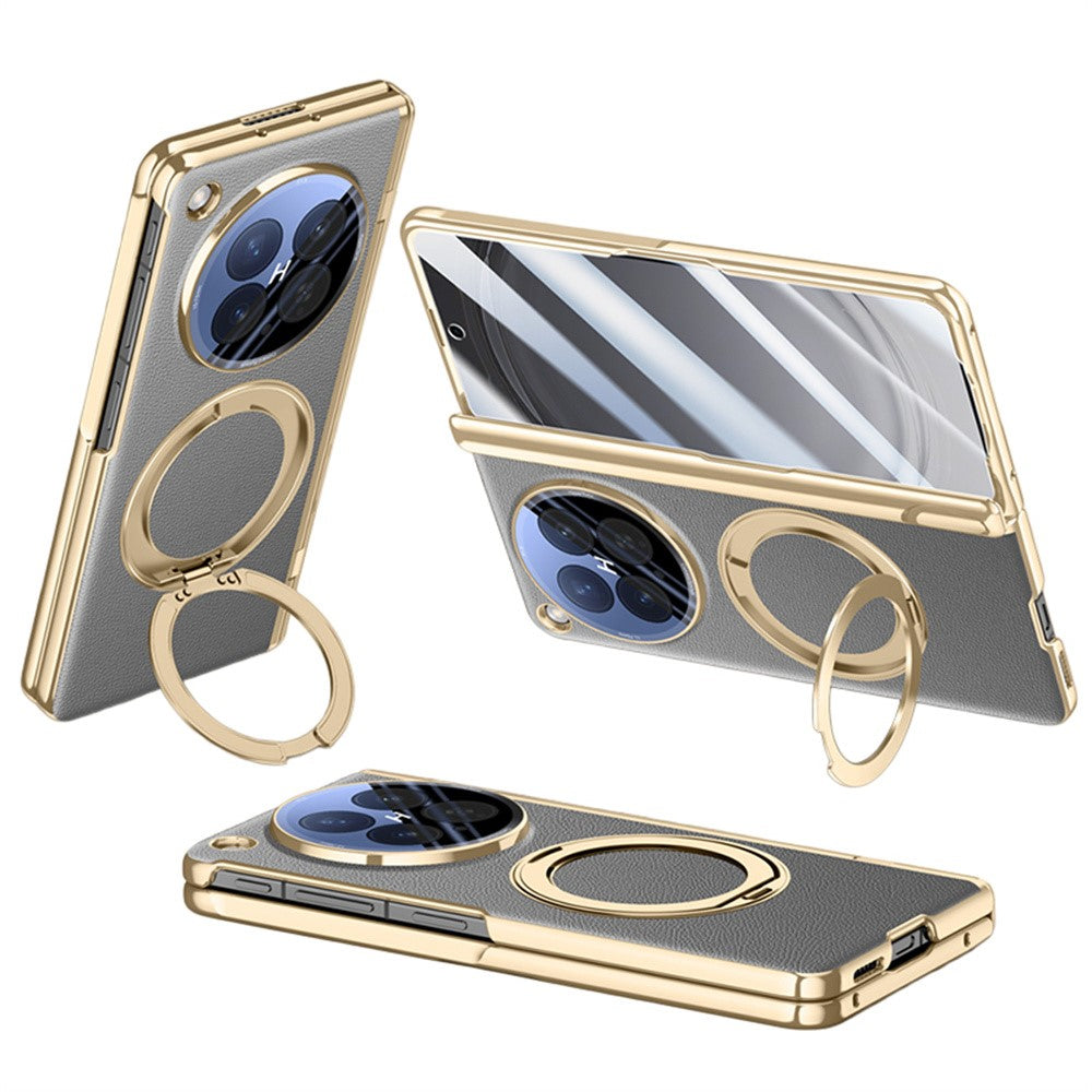 For Oppo Find N6 5G Magnetic Case with Tempered Glass 360° Rotatable Metal Ring Kickstand PU Leather + PC + Acrylic Cover