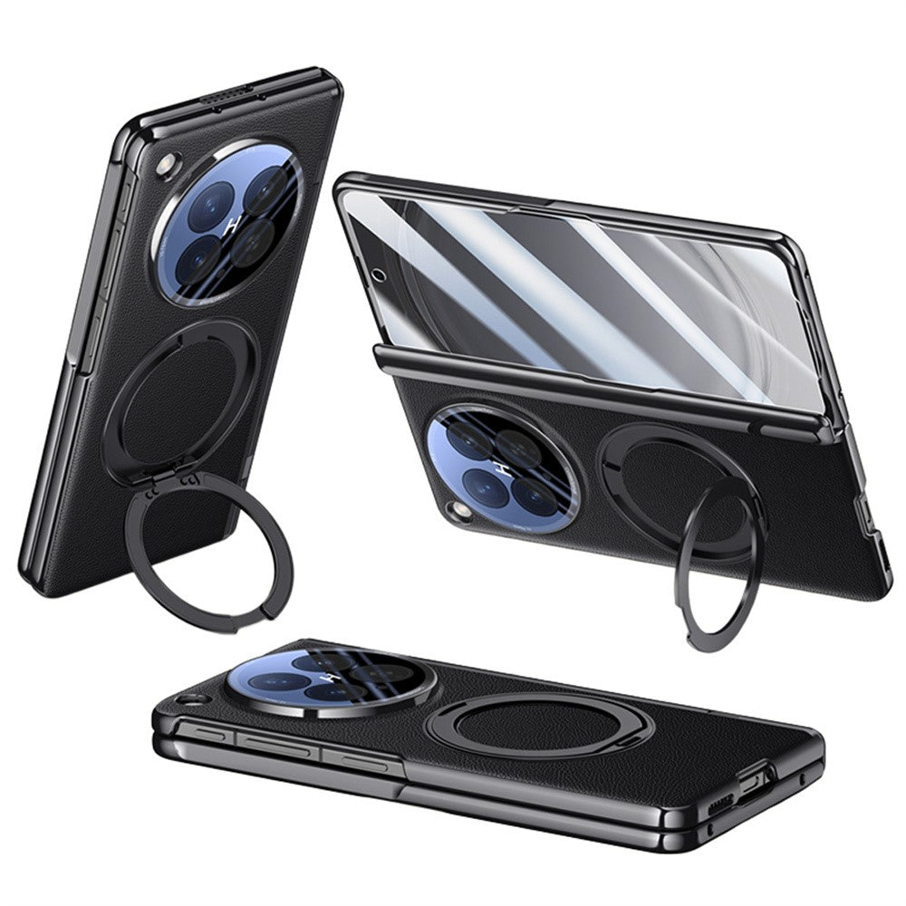 For Oppo Find N6 5G Magnetic Case with Tempered Glass 360° Rotatable Metal Ring Kickstand PU Leather + PC + Acrylic Cover