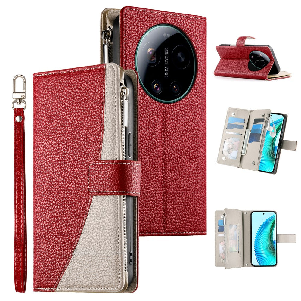 For Xiaomi 17 Ultra 5G Leather Case Zipper Wallet Color Splicing Flip Phone Cover with Straps