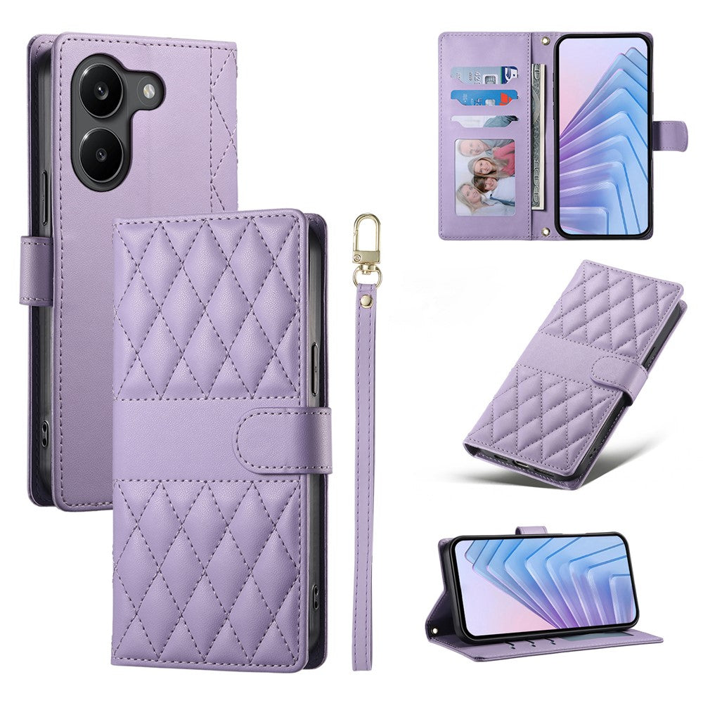 For Xiaomi Poco X8 Pro 5G  /  Redmi Turbo 5 5G Wallet Case Rhombus Stitching Stand Leather Phone Cover with Long  /  Short Strap