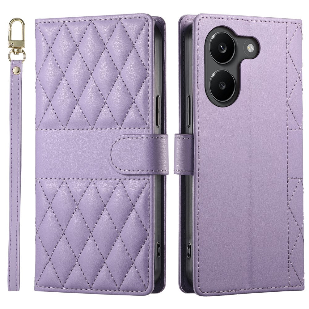 For Xiaomi Poco X8 Pro 5G  /  Redmi Turbo 5 5G Wallet Case Rhombus Stitching Stand Leather Phone Cover with Long  /  Short Strap