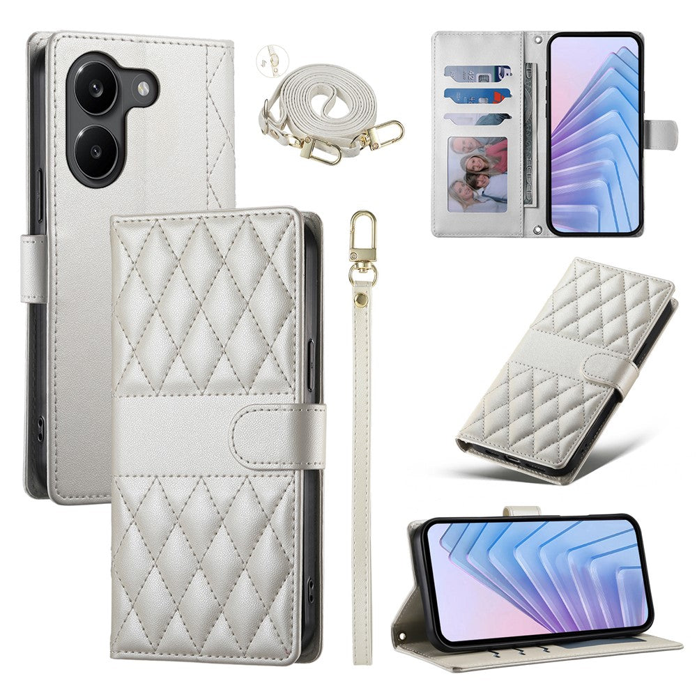 For Xiaomi Poco X8 Pro 5G  /  Redmi Turbo 5 5G Wallet Case Rhombus Stitching Stand Leather Phone Cover with Long  /  Short Strap