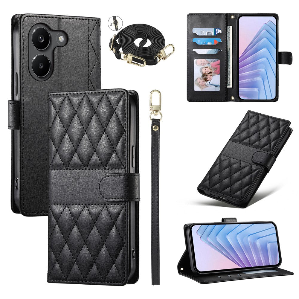 For Xiaomi Poco X8 Pro 5G  /  Redmi Turbo 5 5G Wallet Case Rhombus Stitching Stand Leather Phone Cover with Long  /  Short Strap