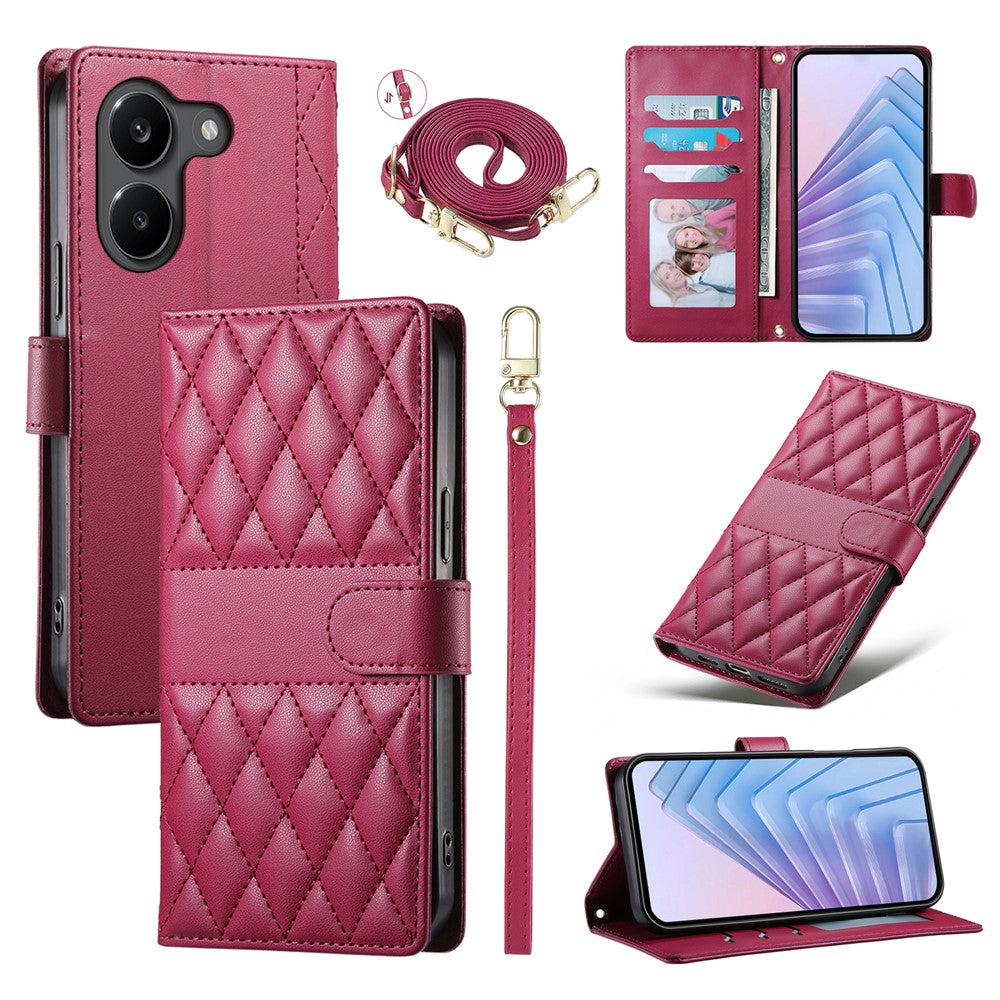 For Xiaomi Poco X8 Pro 5G  /  Redmi Turbo 5 5G Wallet Case Rhombus Stitching Stand Leather Phone Cover with Long  /  Short Strap