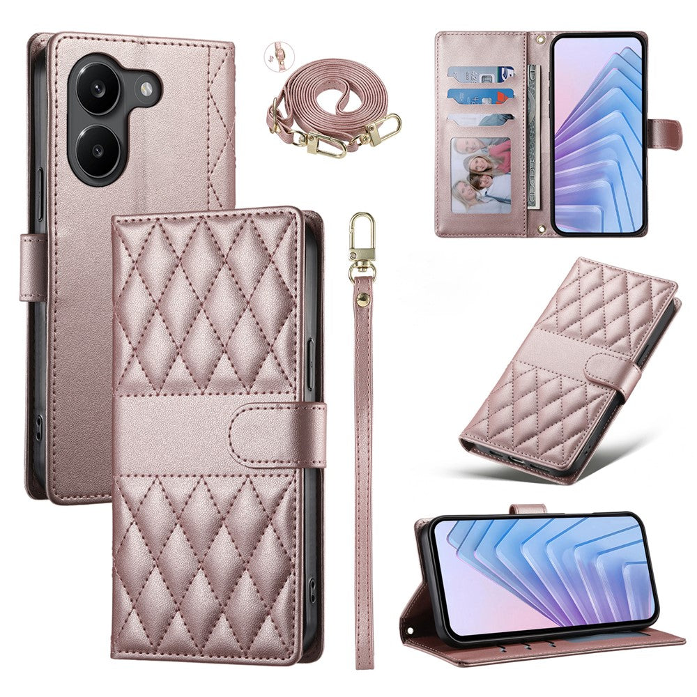 For Xiaomi Poco X8 Pro 5G  /  Redmi Turbo 5 5G Wallet Case Rhombus Stitching Stand Leather Phone Cover with Long  /  Short Strap