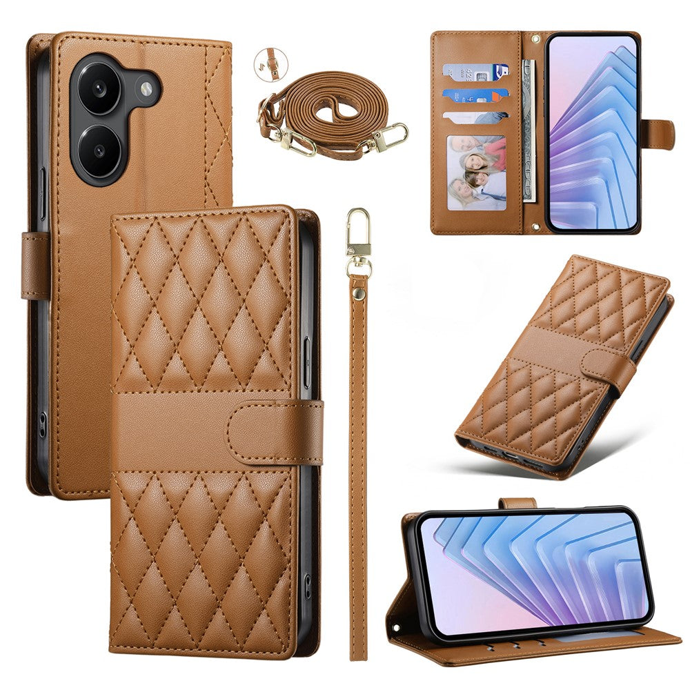 For Xiaomi Poco X8 Pro 5G  /  Redmi Turbo 5 5G Wallet Case Rhombus Stitching Stand Leather Phone Cover with Long  /  Short Strap