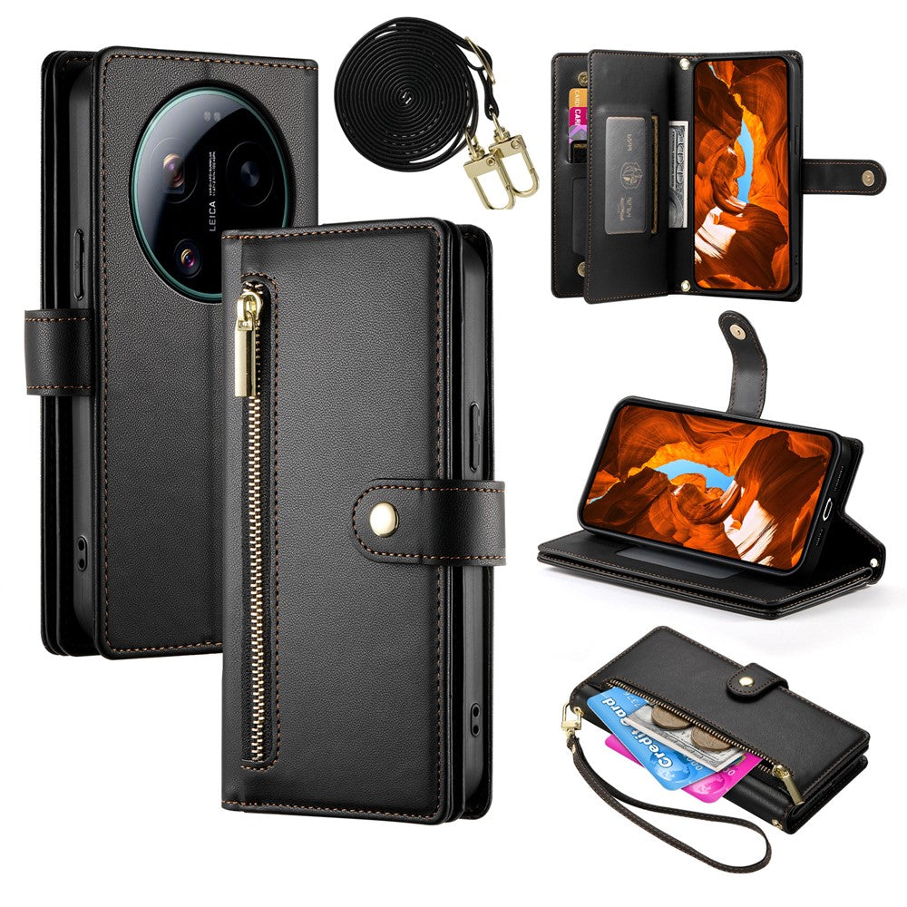 For Xiaomi 17 Ultra 5G Leather Case Zipper Pocket Wallet Phone Cover with Straps