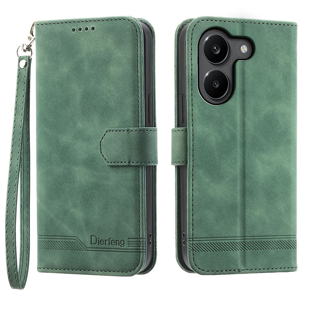 DIERFENG DF-03 För Xiaomi Poco X8 Pro 5G / Redmi Turbo 5 5G Läderfodral Linjer Avtryck Plånboksfodral med Handledsrem