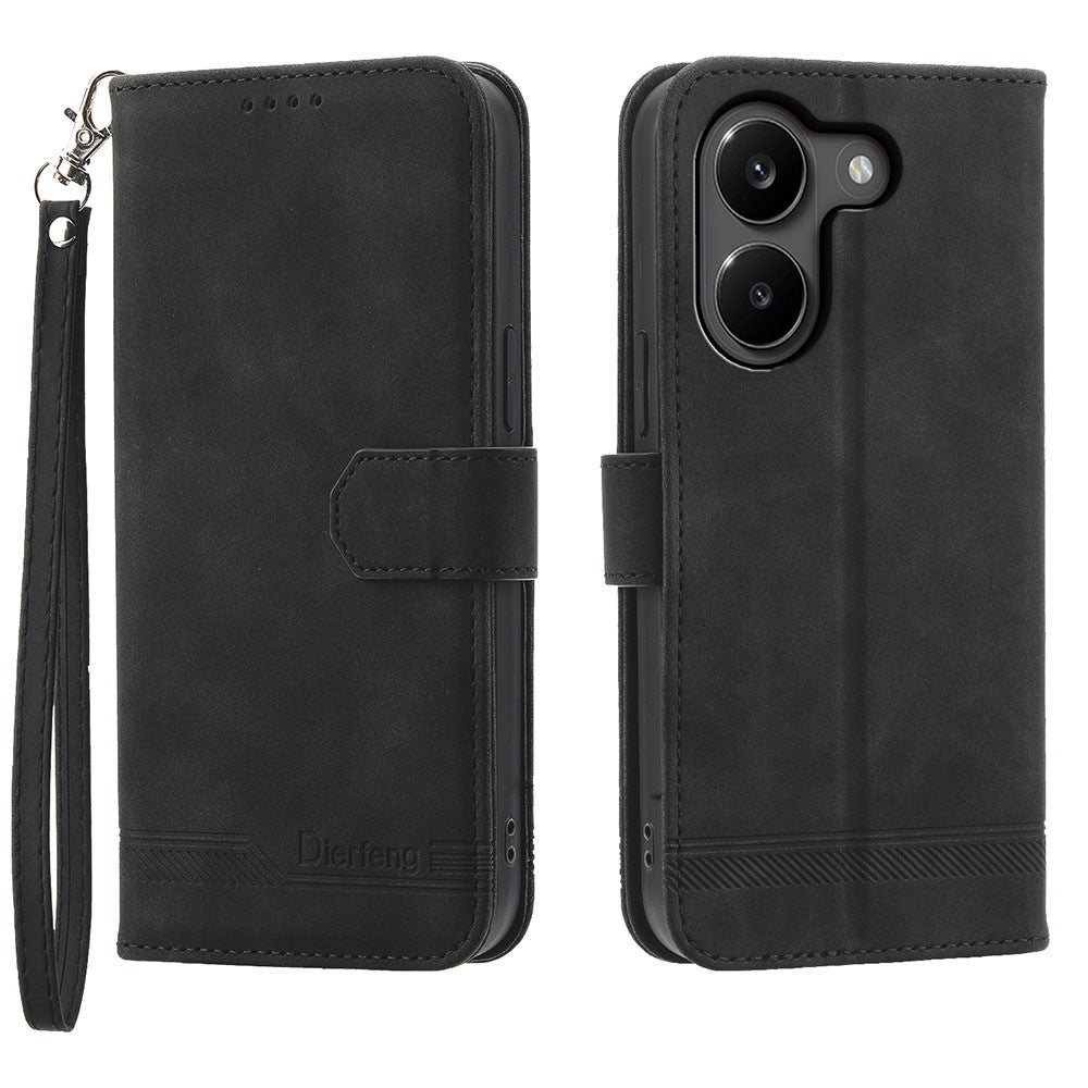 DIERFENG DF-03 För Xiaomi Poco X8 Pro 5G / Redmi Turbo 5 5G Läderfodral Linjer Avtryck Plånboksfodral med Handledsrem