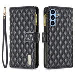 BINFEN COLOR BF Style-15 til Samsung Galaxy A54 5G PU Læder Lynlås Lomme Telefoncover Præget Rombe Mønster Pung Sammenklappeligt Standcover med Rem