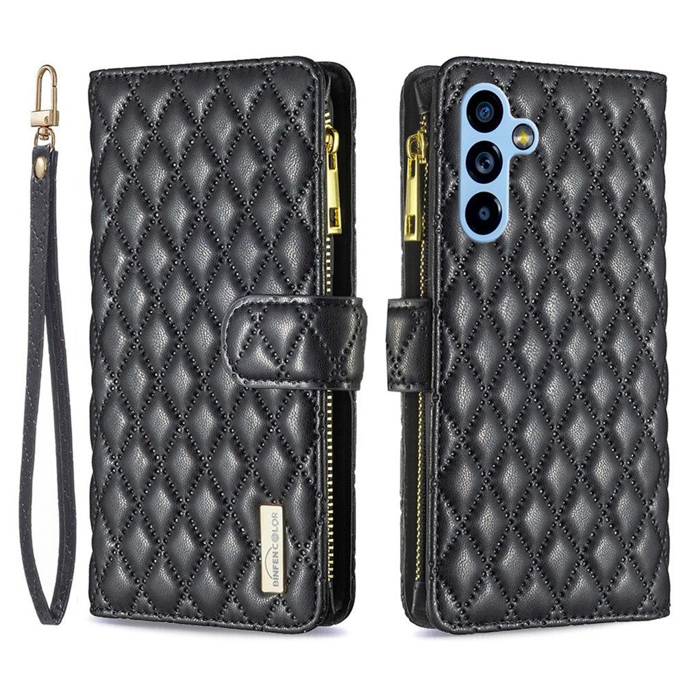 BINFEN COLOR BF Style-15 til Samsung Galaxy A54 5G PU Læder Lynlås Lomme Telefoncover Præget Rombe Mønster Pung Sammenklappeligt Standcover med Rem