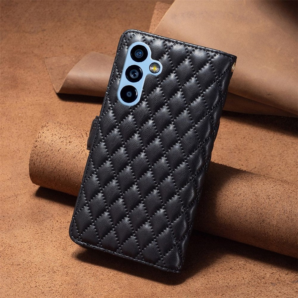 BINFEN COLOR BF Style-15 til Samsung Galaxy A54 5G PU Læder Lynlås Lomme Telefoncover Præget Rombe Mønster Pung Sammenklappeligt Standcover med Rem