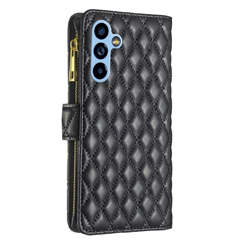 BINFEN COLOR BF Style-15 til Samsung Galaxy A54 5G PU Læder Lynlås Lomme Telefoncover Præget Rombe Mønster Pung Sammenklappeligt Standcover med Rem