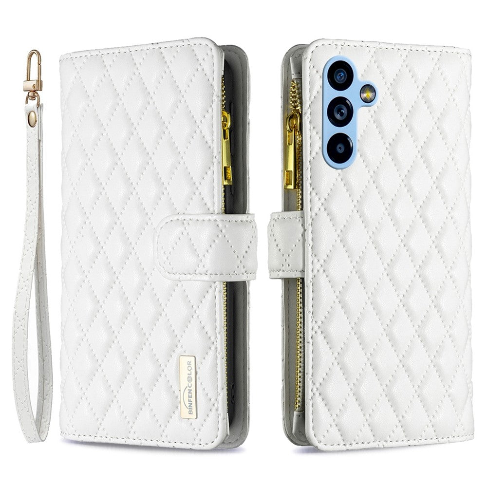 BINFEN COLOR BF Style-15 til Samsung Galaxy A54 5G PU Læder Lynlås Lomme Telefoncover Præget Rombe Mønster Pung Sammenklappeligt Standcover med Rem