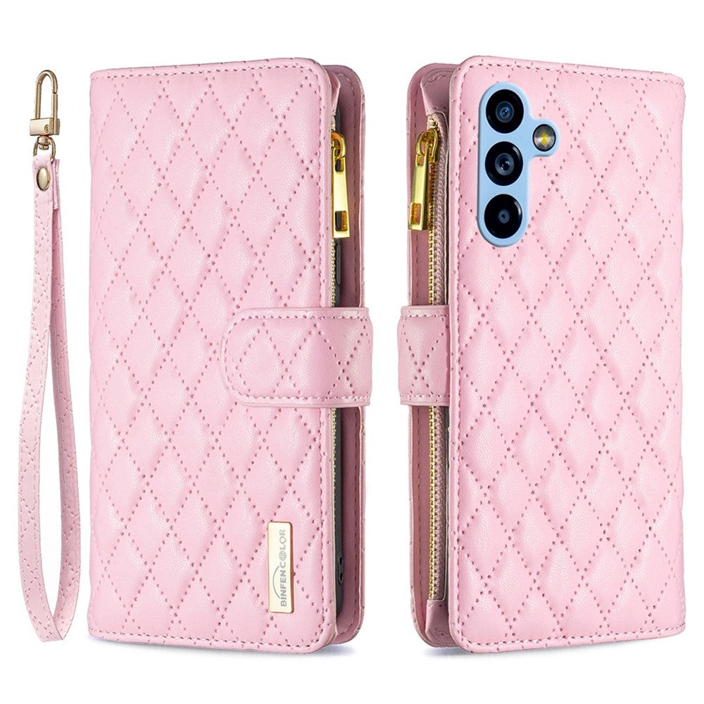 BINFEN COLOR BF Style-15 för Samsung Galaxy A54 5G PU-läderfodral med dragkedja, tryckt rombmönster, plånbok, vikbart stativfodral med rem