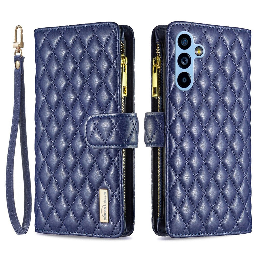 BINFEN COLOR BF Style-15 til Samsung Galaxy A54 5G PU Læder Lynlås Lomme Telefoncover Præget Rombe Mønster Pung Sammenklappeligt Standcover med Rem