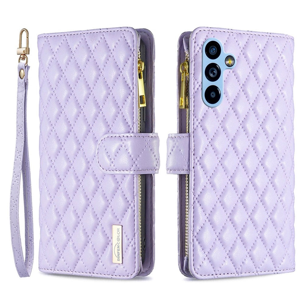 BINFEN COLOR BF Style-15 til Samsung Galaxy A54 5G PU Læder Lynlås Lomme Telefoncover Præget Rombe Mønster Pung Sammenklappeligt Standcover med Rem