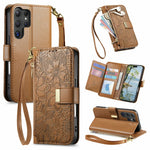 For Samsung Galaxy S26 Ultra 5G Case Floral Leaf Pattern Multi Card Slots Zipper Leather Phone Cover with Wrist Strap