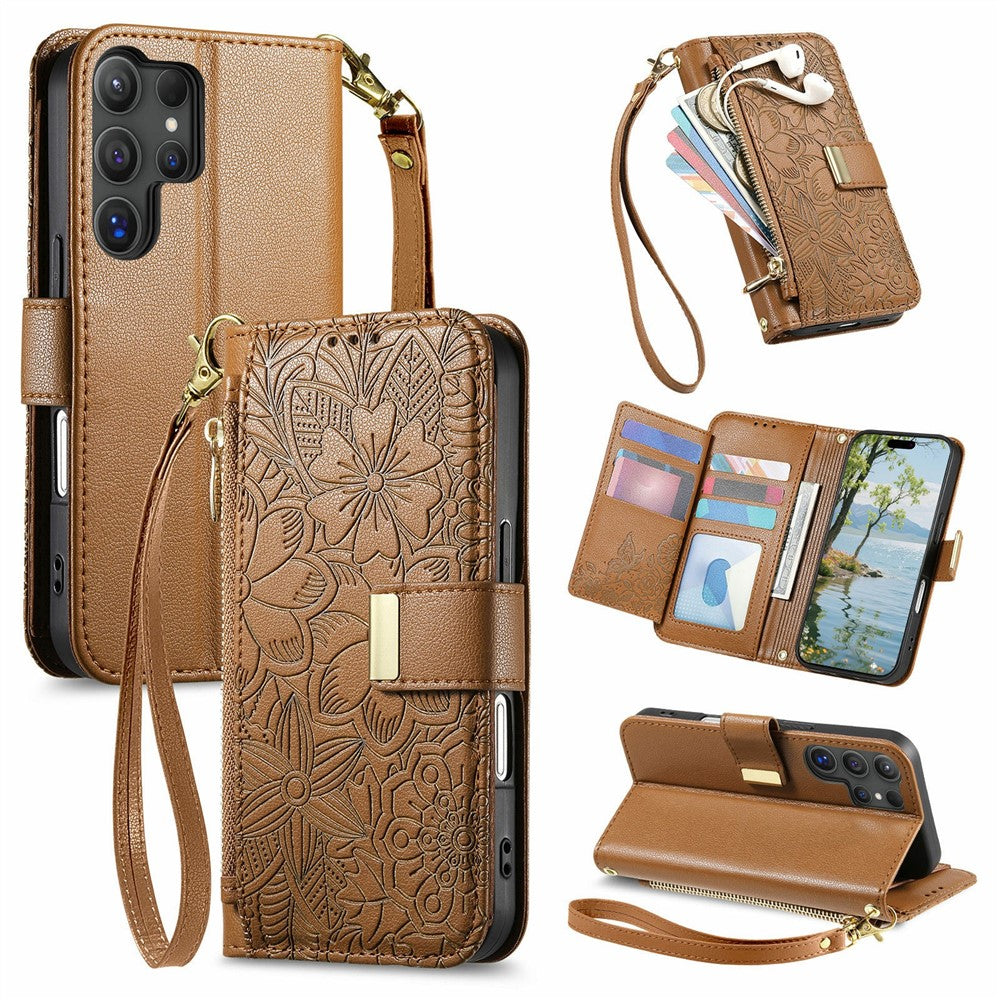 For Samsung Galaxy S26 Ultra 5G Case Floral Leaf Pattern Multi Card Slots Zipper Leather Phone Cover with Wrist Strap