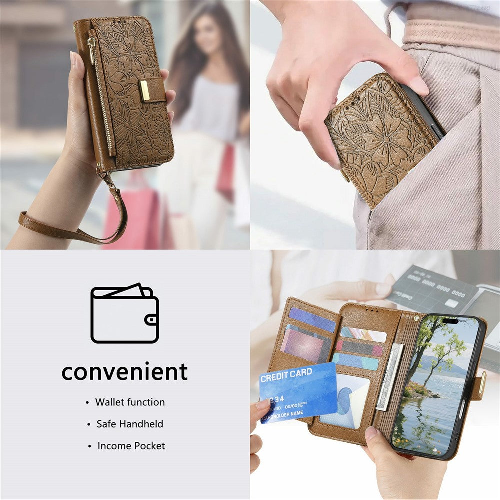 For Samsung Galaxy S26 Ultra 5G Case Floral Leaf Pattern Multi Card Slots Zipper Leather Phone Cover with Wrist Strap