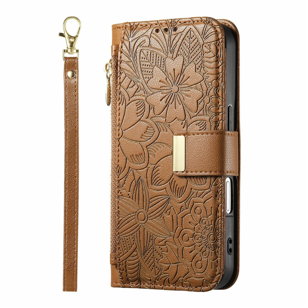 For Samsung Galaxy S26 Ultra 5G Case Floral Leaf Pattern Multi Card Slots Zipper Leather Phone Cover with Wrist Strap