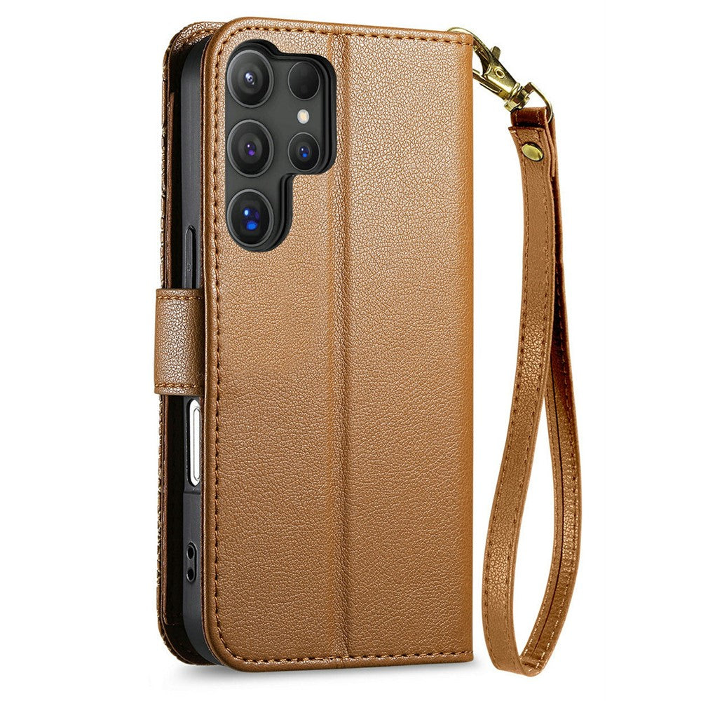 Samsung Galaxy S26 Ultra 5G-cover med blomstret bladmønster, flere kortlommer, lynlås, læderetui og håndledsrem