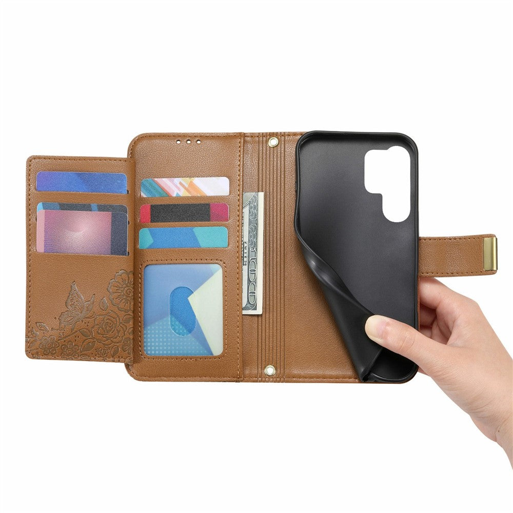 For Samsung Galaxy S26 Ultra 5G Case Floral Leaf Pattern Multi Card Slots Zipper Leather Phone Cover with Wrist Strap