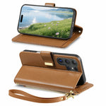 For Samsung Galaxy S26 Ultra 5G Case Floral Leaf Pattern Multi Card Slots Zipper Leather Phone Cover with Wrist Strap