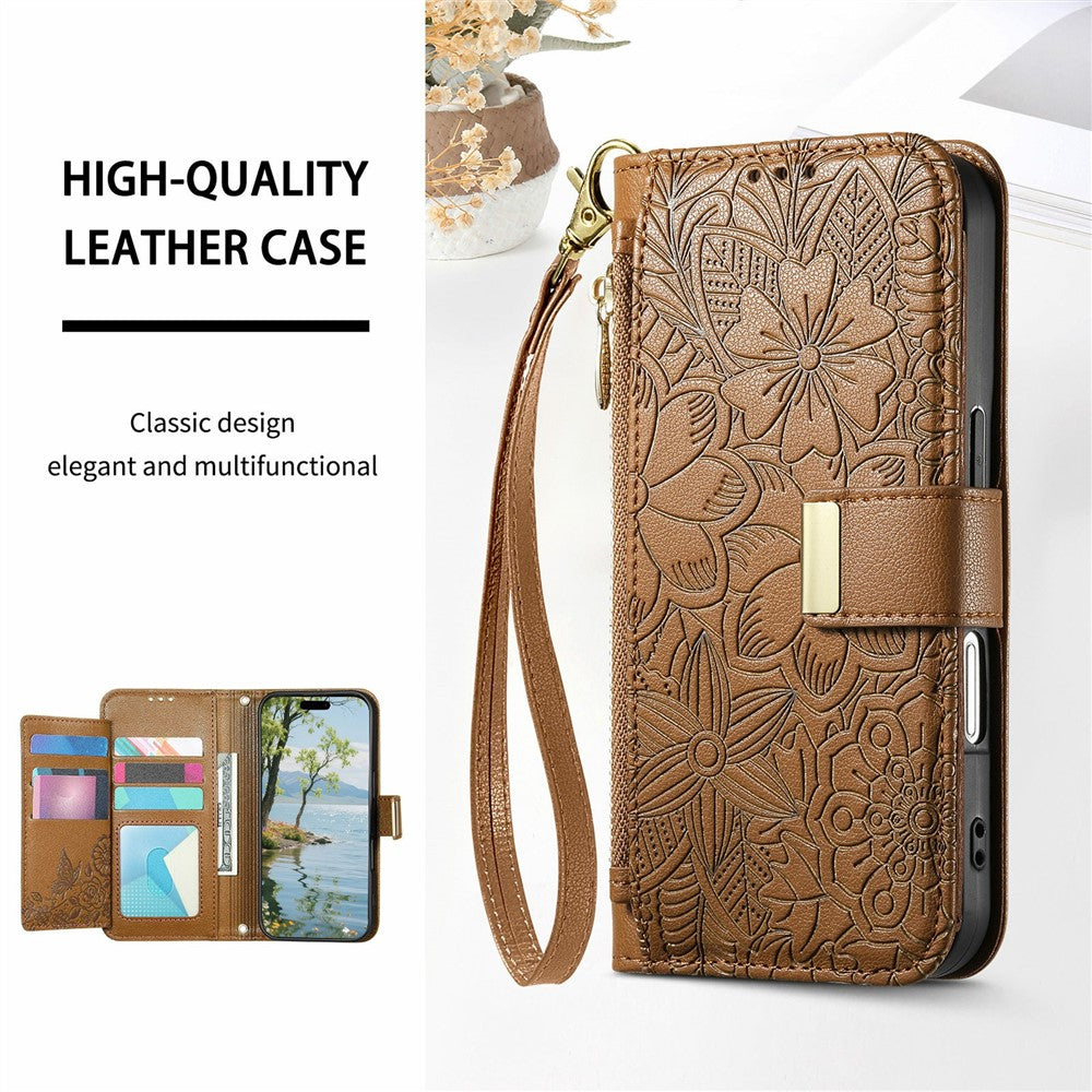 For Samsung Galaxy S26 Ultra 5G Case Floral Leaf Pattern Multi Card Slots Zipper Leather Phone Cover with Wrist Strap