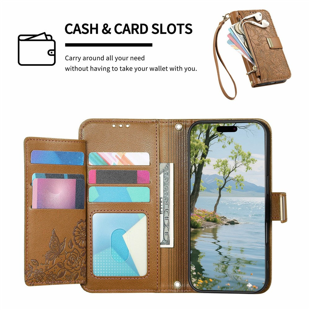 For Samsung Galaxy S26 Ultra 5G Case Floral Leaf Pattern Multi Card Slots Zipper Leather Phone Cover with Wrist Strap