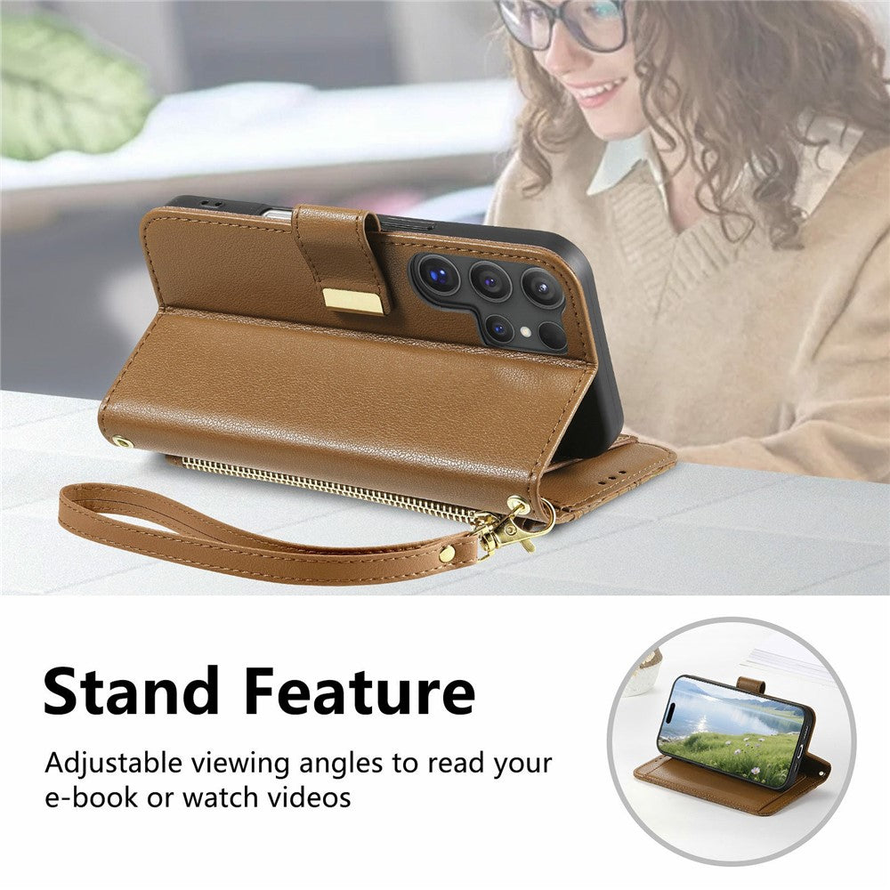 For Samsung Galaxy S26 Ultra 5G Case Floral Leaf Pattern Multi Card Slots Zipper Leather Phone Cover with Wrist Strap