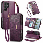 For Samsung Galaxy S26 Ultra 5G Case Floral Leaf Pattern Multi Card Slots Zipper Leather Phone Cover with Wrist Strap