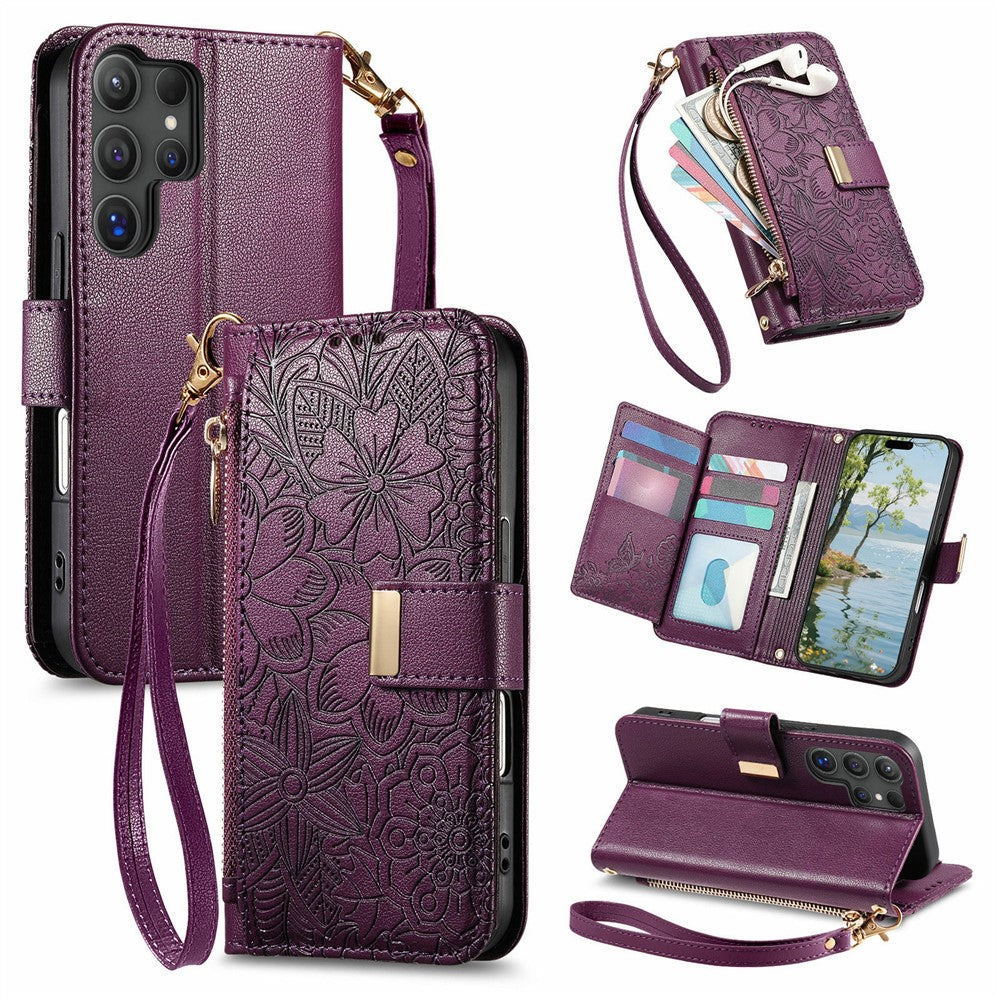 For Samsung Galaxy S26 Ultra 5G Case Floral Leaf Pattern Multi Card Slots Zipper Leather Phone Cover with Wrist Strap