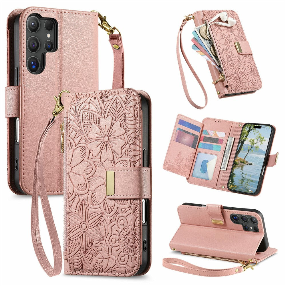 For Samsung Galaxy S26 Ultra 5G Case Floral Leaf Pattern Multi Card Slots Zipper Leather Phone Cover with Wrist Strap