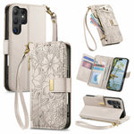 For Samsung Galaxy S26 Ultra 5G Case Floral Leaf Pattern Multi Card Slots Zipper Leather Phone Cover with Wrist Strap