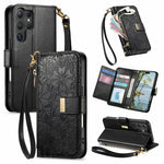 For Samsung Galaxy S26 Ultra 5G Case Floral Leaf Pattern Multi Card Slots Zipper Leather Phone Cover with Wrist Strap
