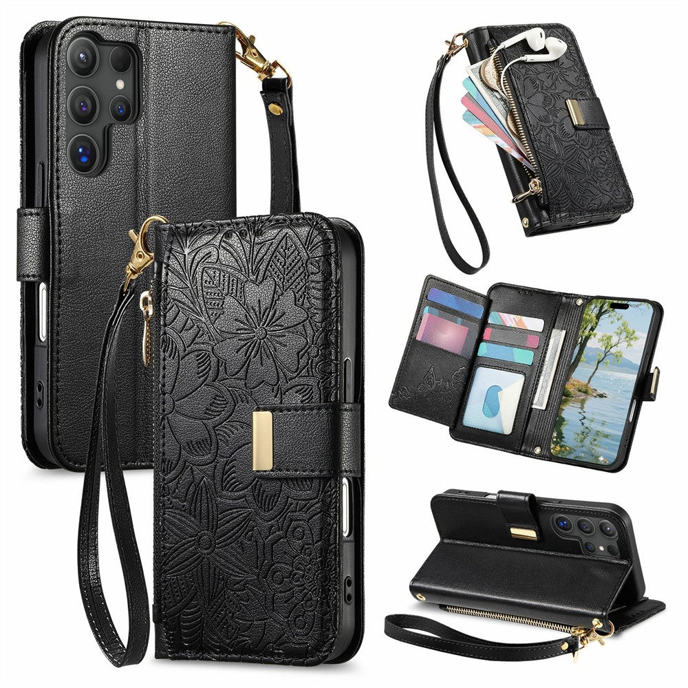 For Samsung Galaxy S26 Ultra 5G Case Floral Leaf Pattern Multi Card Slots Zipper Leather Phone Cover with Wrist Strap