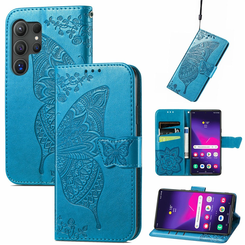 For Samsung Galaxy S26 Ultra Case with Strap Butterfly Pattern PU Leather Wallet Phone Cover