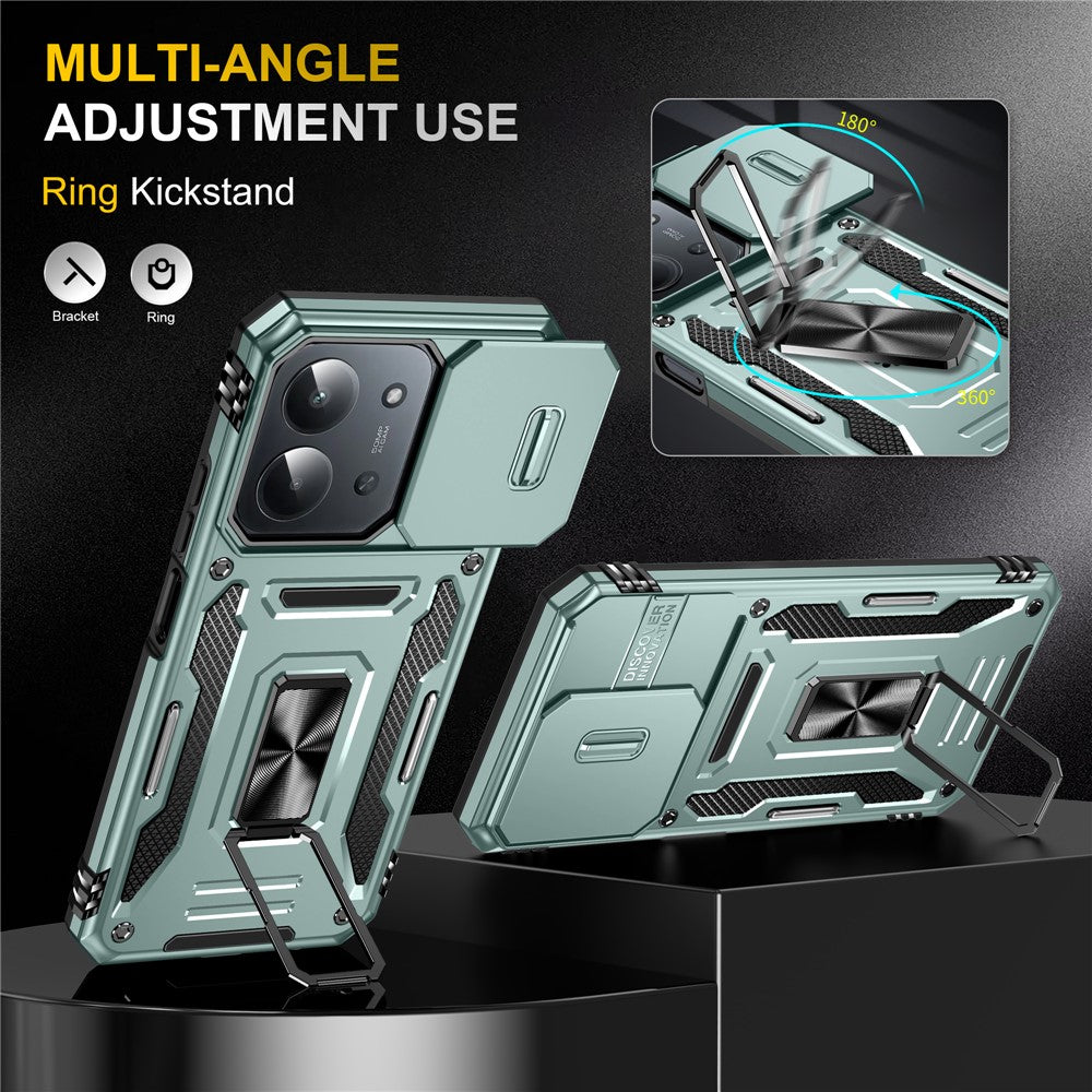 For Xiaomi Redmi 15C 4G (Global) (171mm)  /  Poco C85 4G (171mm) Case Kickstand Slide Lens Lid PC + TPU Drop-Proof Phone Cover