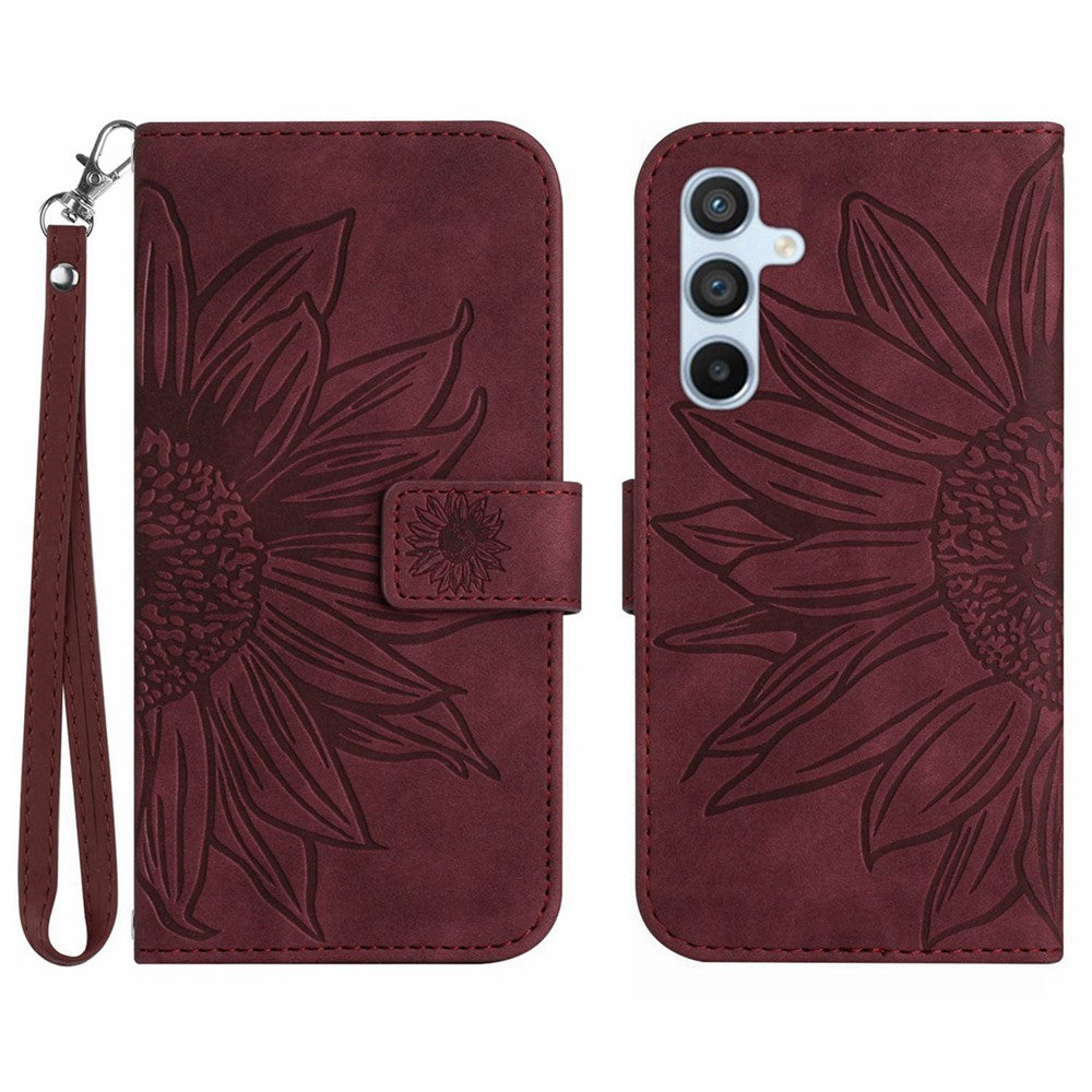 Samsung Galaxy A54 5G HT04 Präglat solrosfönster plånboksfodral med skin-touch-funktion, PU-läder, stativ, magnetiskt mobilfodral med handrem